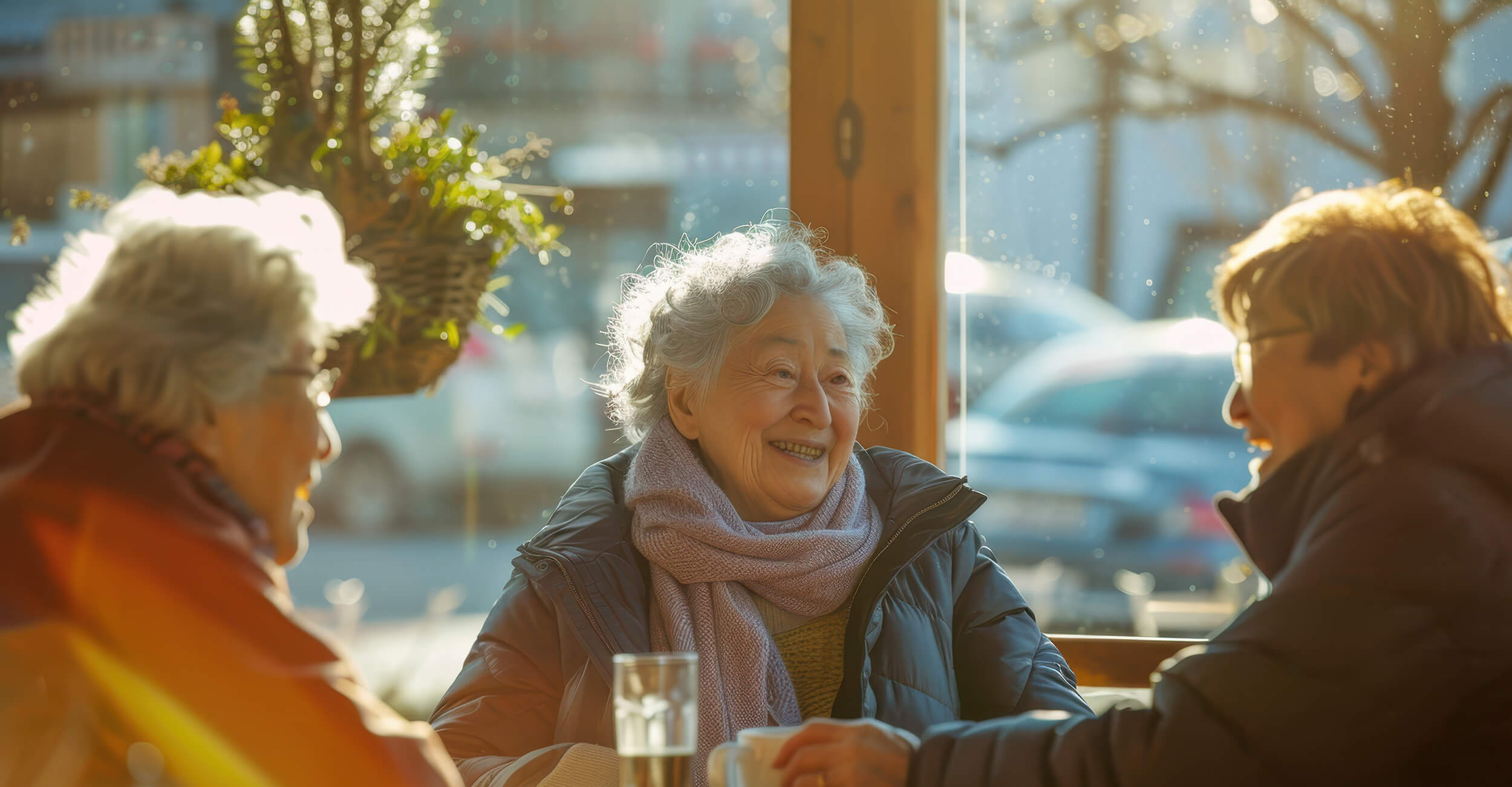 Elderly friends laughing at a cafe